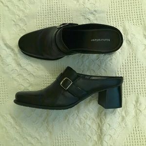 Naturalizer Black leather mule buckle block heel 9